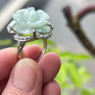 天然翡翠A貨，紫羅蘭 玫瑰花戒指，925銀。緬甸玉活圍戒指