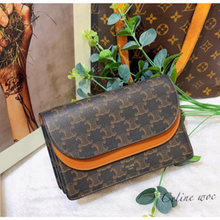二手旗艦 CELINE 咖啡色 PVC 凱旋門 WOC 手拿包 斜揹包 兩用包(中友店)