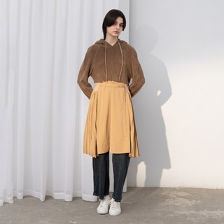 【MASTINA】搖粒絨拼接連帽壓褶長袖洋裝 藍 咖