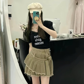 CHILL現貨 2025早春蕾絲V領側抓皺短版T 短版上衣 短版Tee 棉質上衣 圓領上衣 短袖上衣 女生合身 預購