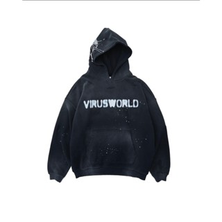 〖OPO SELECT〗VIRUSWORLD 災害戰損水鑽連帽衛衣-黑 個性穿搭 水洗 破壞