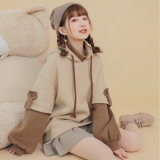【森林兔】假兩件大學T薄款連帽上衣長袖帽T連帽大學T女裝衣服女生日系穿搭復古學院風顯瘦小個子秋冬F045