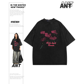 【ANT】290克重磅純棉玫瑰數碼印染水洗做舊半袖 短袖 t恤 五分袖 短袖上衣 水洗 重磅 正韓女裝 厚棉t 重磅短t