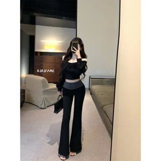 【KIKIFAME】🖤純欲蕾絲吊帶一字領上衣 條紋微喇長褲 長袖上衣 露肩上衣 短版上衣 休閒長褲 喇叭褲 套裝 兩件套