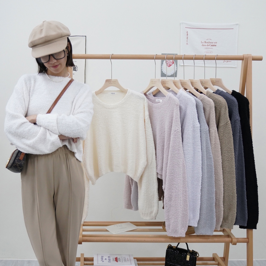 【Fee隔日到貨9色】軟糯圓領短版毛衣🔥秋冬毛衣 熊寶寶 毛絨絨柔軟親膚 圓領針織衫 軟料毛針織衫 絨毛針織長袖上衣