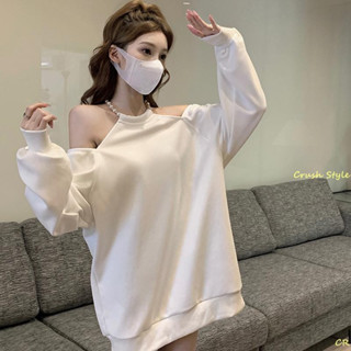 白色 重工 掛脖露肩 長袖衛衣女 300斤 胖mm 大碼 寬松顯瘦 中長款上衣 240 CR
