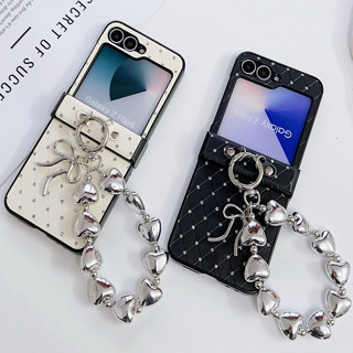 ins愛心蝴蝶結手提鏈 Samsung Z flip6 折疊手機殼 閃粉波點 稜格紋三星 flip5 4 3三段式防摔殼