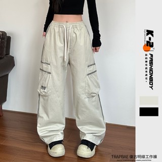 【K-2】TRAPBAE 復古明線 立體車線 側口袋 工作褲 工裝褲 長褲 男女不拘 街舞 街頭 個性【J2512】