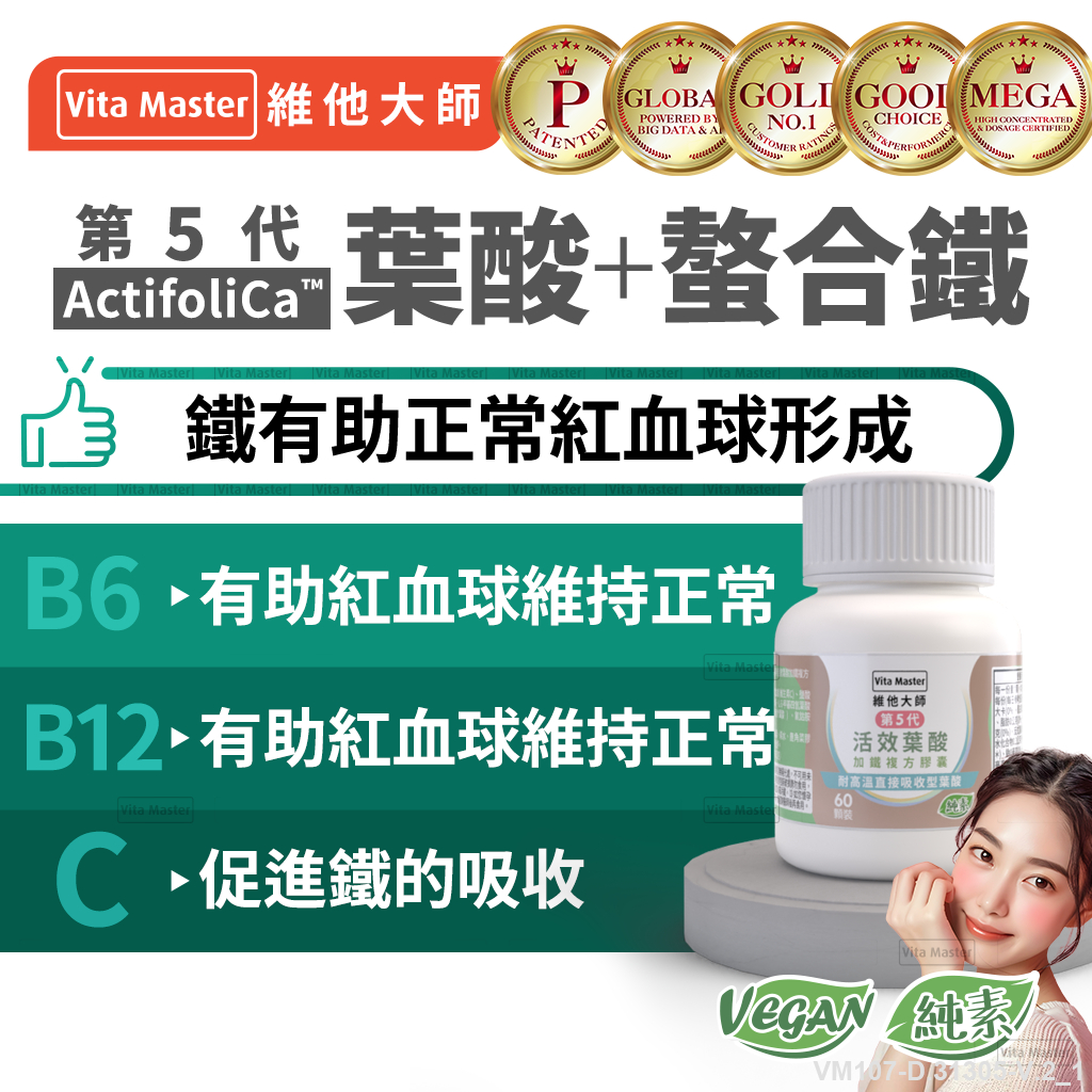 Vita Master 甘胺酸亞鐵 鐵劑 鐵錠 活效 葉酸 複方第5代好吸收 微晶型葉酸 ActifoliCa™ 素食