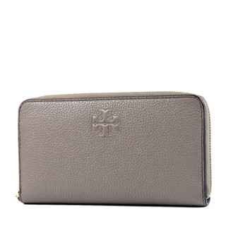 TORY BURCH THEA 浮雕LOGO荔枝紋拉鍊長夾-灰色/附活動卡夾 【美國正品現貨】