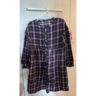 正版Uniqlo二手女童藍粉格長版七分袖上衣/連身裙 120cm