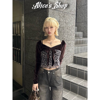 🩶Alice’s Shop🩶天鵝絨豹紋蕾絲透視網紗上衣