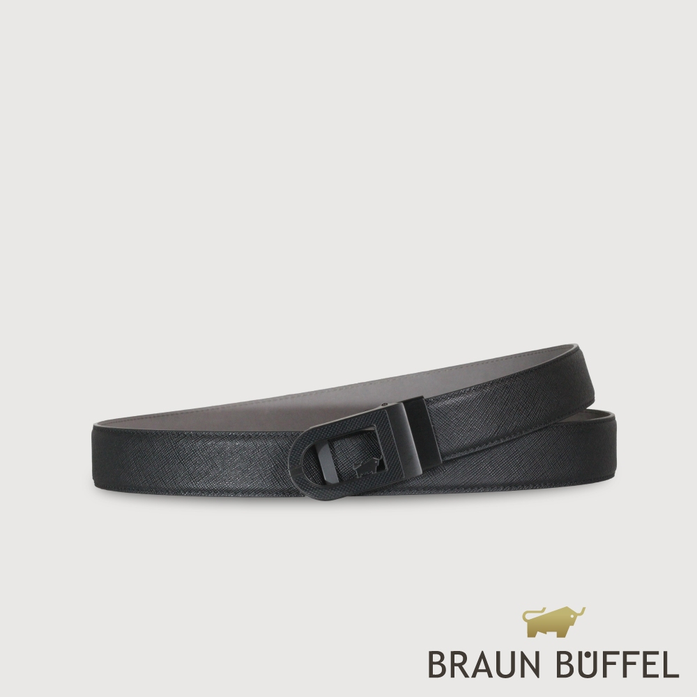 【BRAUN BUFFEL 德國小金牛】台灣總代理 時尚紳士 經典鏤空標誌自動扣皮帶-鎗色/BF25B-RO029-SG