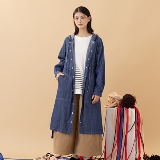 【MOSS CLUB】假吊帶裙工裝牛仔連帽開襟長袖洋裝 藍 黑