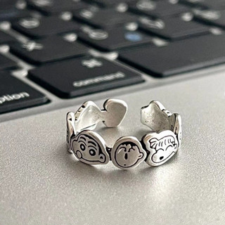 精美飾品✨穿搭配飾 蠟筆小新銀色戒指女童趣復古做舊小眾設計可愛卡通塗鴉開口食指環 時尚新款百搭