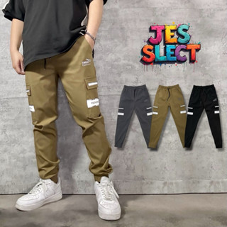 【JES】YINGAO 質感 機能 工裝 大口袋 字母 拼色 造型 彈性 透氣 百搭 潮流 休閒 縮口褲 工裝長褲 長褲