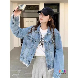 L125212 復古翻領排釦口袋下擺拼接蕾絲花邊牛仔外套 質感寬鬆舒適牛仔夾克 休閒百搭長袖牛仔外套 單寧外套