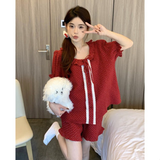 「 夏夏XIAXIA 」韓系ins風雲朵棉短袖短褲睡衣女套裝 家居服睡衣可外穿 圓點紅色睡衣女 女生舒適衣著 睡衣套裝女