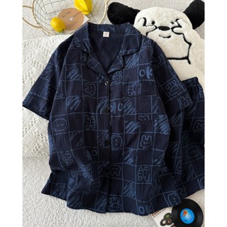 「 夏夏XIAXIA 」韓系ins風雲朵棉短袖短褲女士睡衣 翻領家居服兩件套 印花格子上衣 寬鬆睡衣 女生衣著睡衣套裝女