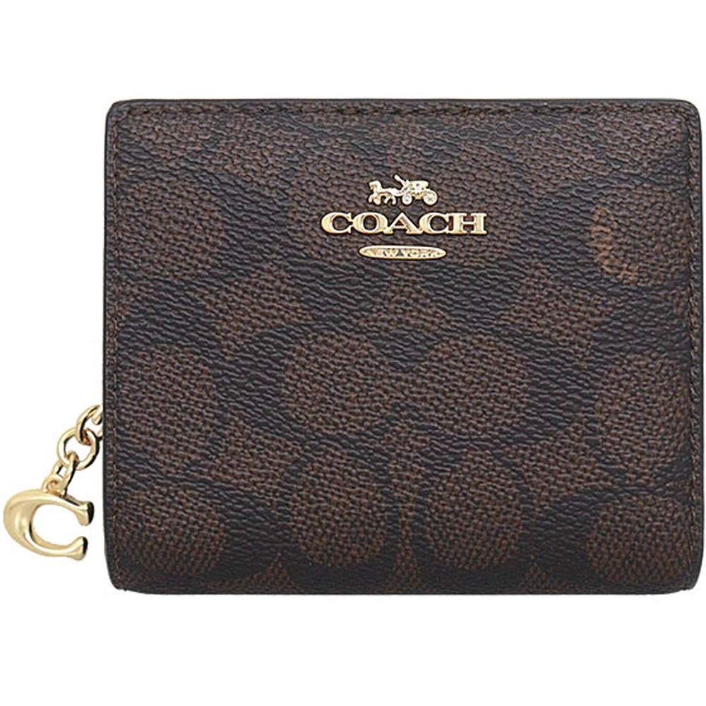 【COACH】Cx深咖啡PVC滿版LOGO對折式零錢包短夾