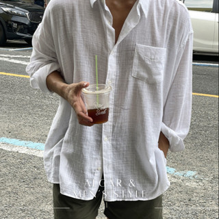 【Algar選品】韓國INS棉麻立領襯衫 shirt 上衣 男生襯衫 長袖襯衫 落肩 寬鬆 涼感 透氣 外套 罩衫 簡約