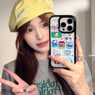 卡通 黑邊滿屏彩色星星郵票Kitty貓 透明全包防摔保護套 iPhone 16 Pro Max 15 14 13 手機殼