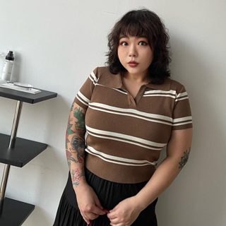 LULUS/PLUS/中大尺碼/高階配色橫條POLO領上衣２色【A01250084】棉花糖 寬條紋 250319