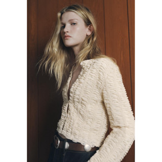 全新 ZARA 紋理針織開襟衫 雪紡 壓褶設計 長袖上衣