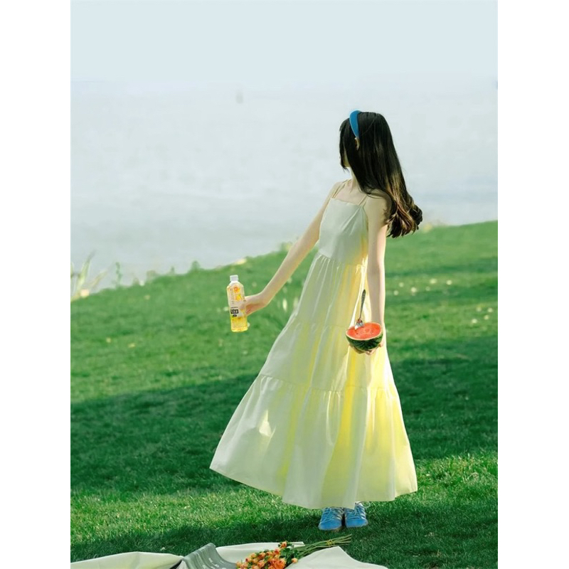 【ʟɪᴏɴɴ現貨】韓系氣質淡黃吊帶洋裝 黃色洋裝 吊帶洋裝 女裝 夏天洋裝 裙子 森林系洋裝 洋裝 文藝洋裝
