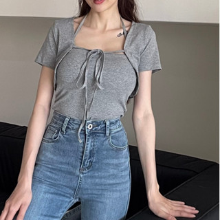 【DOEFF】 掛脖背心+短版外套兩件套上衣(附胸墊) 套裝女 兩件套上衣 bratop 顯瘦 顯胸 美胸