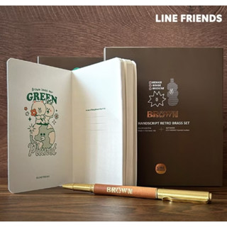 [書本熊]"IWI手稿黃銅版鋼珠筆+再生皮革筆記本禮盒組 ( LINE FRIENDS 授權系列）4711517910947<書本熊書屋>