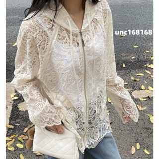 高品質盤花蕾絲防曬連帽外套 自然生長優質長絨棉花 女上衣 重工蕾絲刺繡工藝 女衣服 寬鬆鏤空連帽外套版型