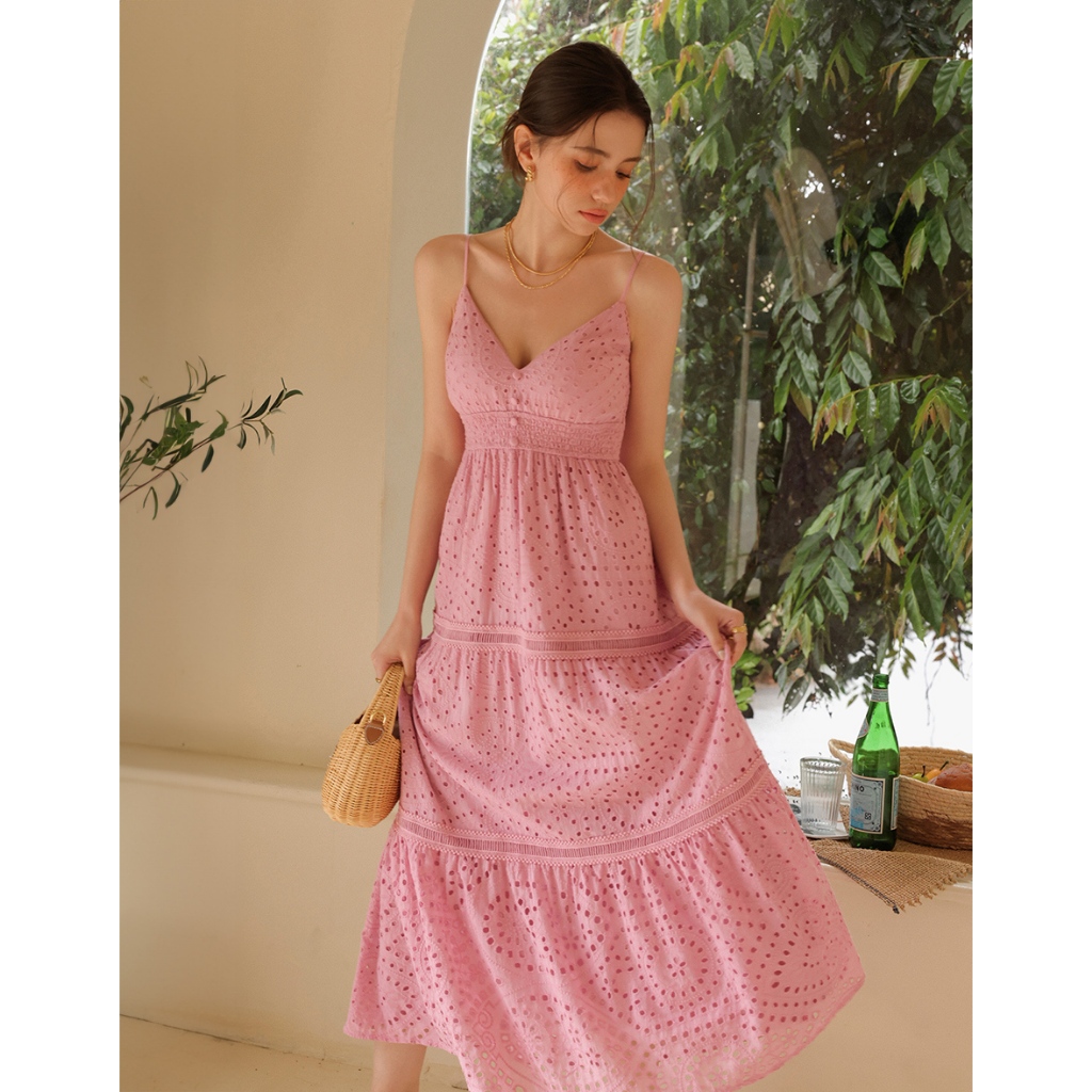 AIR SPACE V領鏤空蕾絲細肩帶蛋糕長洋裝(附胸墊)(白/粉紅) 女裝 現貨