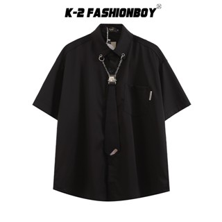【K-2】金屬 扣環 領帶設計 金屬片 短袖襯衫 簡約 不失個性 風格 街頭 穿搭 春夏 男女不拘【J659】