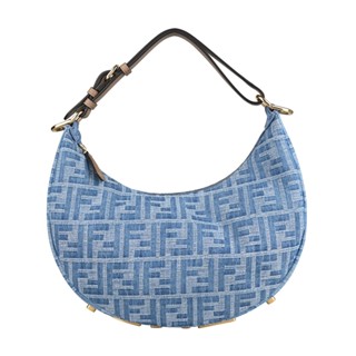 FENDI Fendigraphy立體字母LOGO FF圖案設計牛仔布搭小牛皮飾邊拉鍊式手提肩背彎月包(小/淺藍x米)