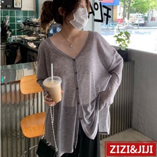 臺灣出貨 純欲休閒寬鬆韓版防曬罩衫女顯瘦復古灰色薄款夏季開衫慵懶風空調小衫 長袖t恤 衣服女 長袖上衣 防曬外套R293
