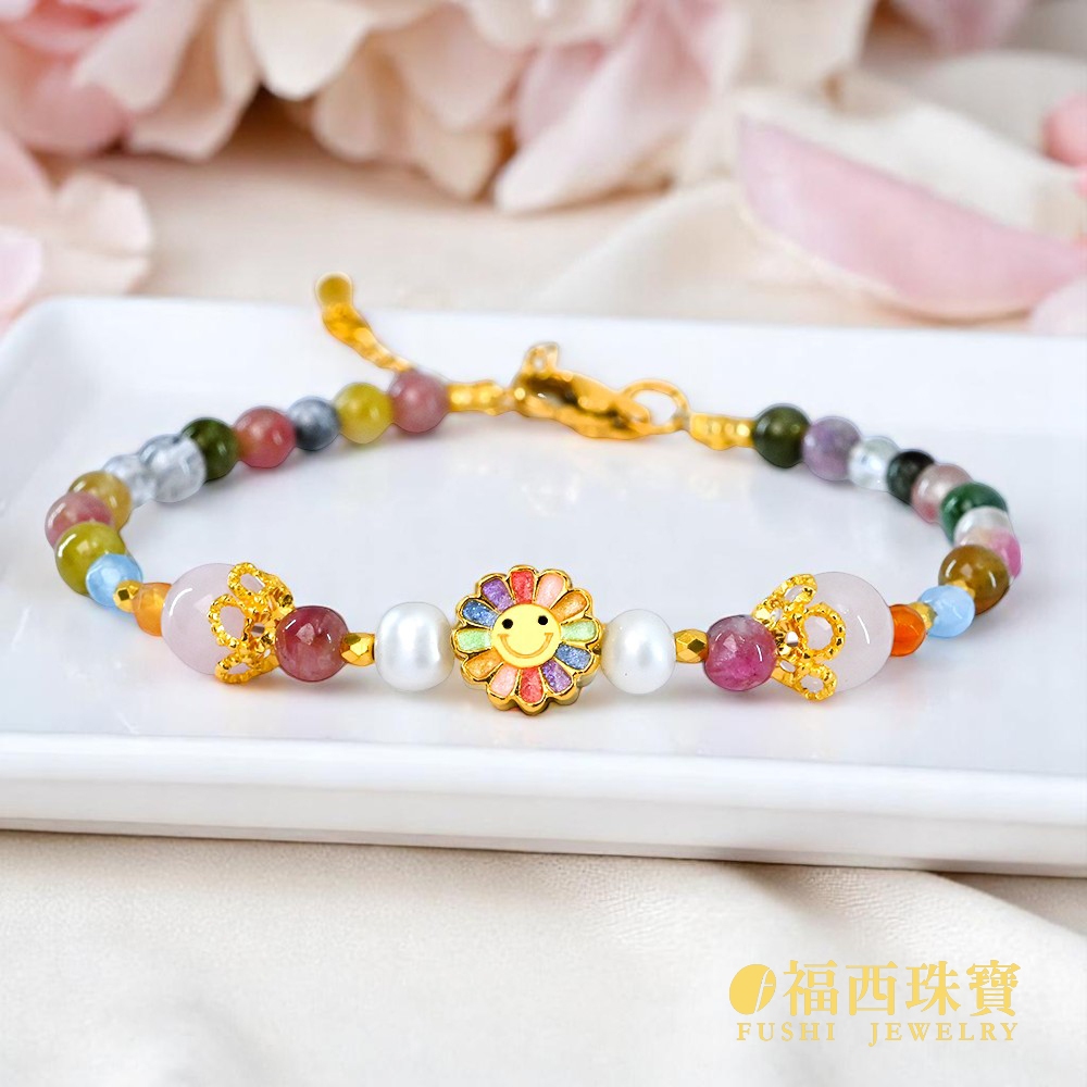 福西珠寶黃金手鍊 開運石天然石手鍊 珍珠碧璽綠幽靈 招財純金9999原礦