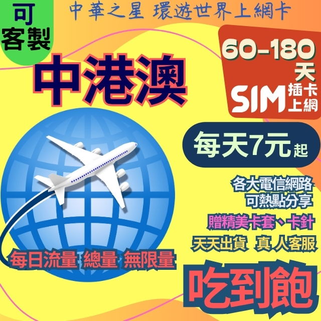 【24H寄出】上網卡 中國 香港 澳門 60~180天  高速 無限量 吃到飽 不降速 內蒙古 西藏 海南島 雲南