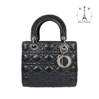 【巴黎站二手名牌專賣店】＊現貨＊Christian Dior 迪奧真品＊黑羊皮5x4藤格紋灰銀釦手提斜背黛妃包