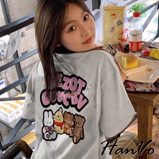 【HanVo】可愛卡通圖案oversizeT恤 純棉透氣吸濕排汗 短袖上衣 韓系女裝 女生衣著 A01-0337