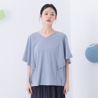 【MOSS CLUB】花邊蕾絲素面V領披肩傘袖短袖上衣 藍 黑 黃 (魅力商品)