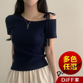 【DIFF】韓版露肩短袖針織上衣 斜肩 短袖上衣 顯瘦上衣 衣服 夏天女裝 短板上衣 女裝 短袖t恤女【T645】