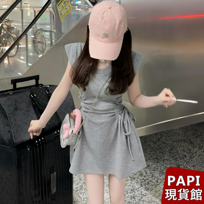 【PAPI】側邊綁帶收腰包臀短洋 春夏新款韓系INS修身顯瘦圓領無袖連身洋裝 連身裙 A字裙連衣裙 合身洋女【1366】