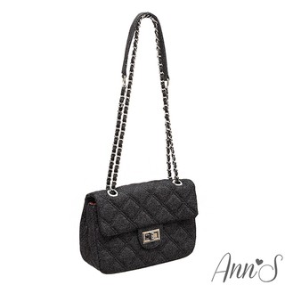 Ann'S 小香風牛仔單寧菱格雙車線鏈帶小方包-黑