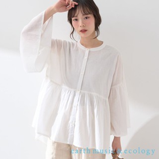 earth music&ecology 巴里紗棉質透明感寬袖襯衫上衣(1K52L0A0400)