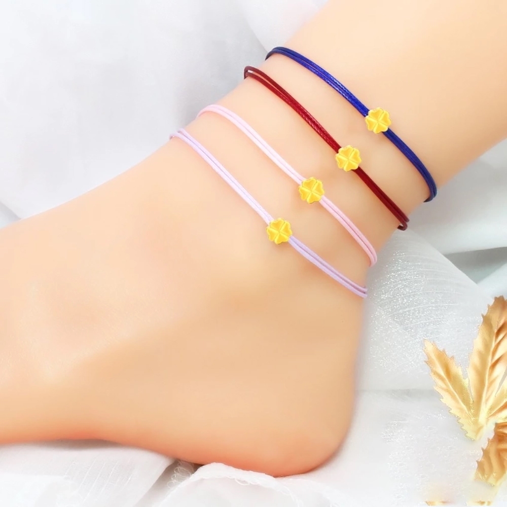 純金9999 0.04錢 方形四葉草編繩腳鍊 四色選   防水 可訂製彌月 黃金 迎鶴金品 F-