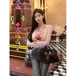 【KIKIFAME】💗泰式sexy!蕾絲交叉鏤空胸墊背心 蕾絲透膚綁帶上衣 蕾絲背心 蕾絲上衣 長袖上衣 兩件式上衣