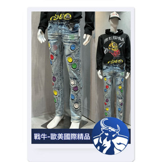 Re美國潮牌 牛仔褲 [戰牛精品] 美式牛仔褲 RE潮牌 歐美總公司發行 潮牌衣服 小直筒牛仔褲 伸縮牛仔褲 笑臉牛仔褲