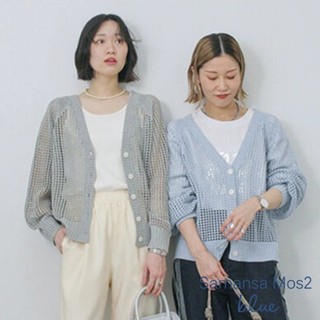 Samansa Mos2 blue 細閃金銀絲洞洞針織開襟罩衫(0F000482710)