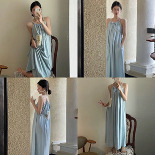 🫐現貨🫐韓國韓版度假 水藍仙女氣質抽繩綁帶寬鬆長版洋裝 長洋 口袋連衣裙女 百搭 海邊洋裝 背心洋裝 無袖春夏新品